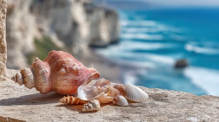 Orange Seashell and Shell Pieces on Concrete Wall Near Blue Ocean with White Cliffs in Background on Sunny Day in Summer