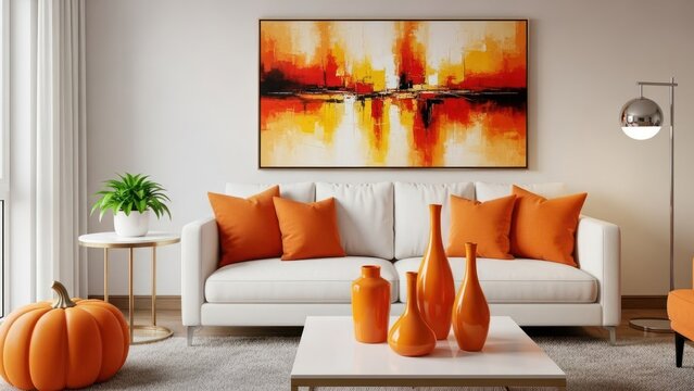 Cozy autumn-themed living room with orange decor isolated on white background