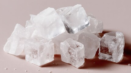 Pile Of Crystalized Sugar Cubes Scattered On A Light Pink Surface With Soft Lighting