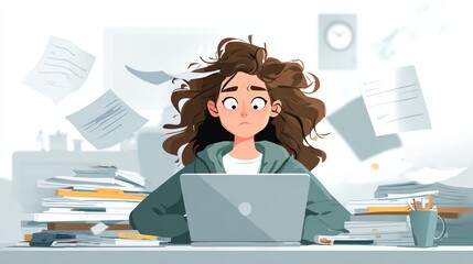 A young woman sitting at a cluttered desk, looking overwhelmed while working on her laptop amidst scattered papers and distractions.