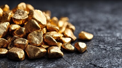Pile of Shiny Golden Nuggets on a Dark Gray Stone Surface in Natural Light