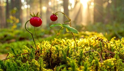 Lush forest floor with sunlight filtering through trees, illuminating vibrant green moss and delicate red berries