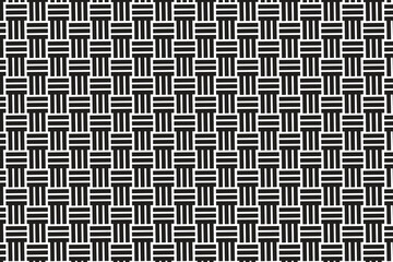 This black and white geometric pattern features a tight, repeating weave texture. Short, thick bars are arranged in groups of three, alternating between vertical and horizontal orientations.