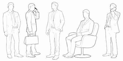 Line art illustration depicting several businessmen in suits and office furniture