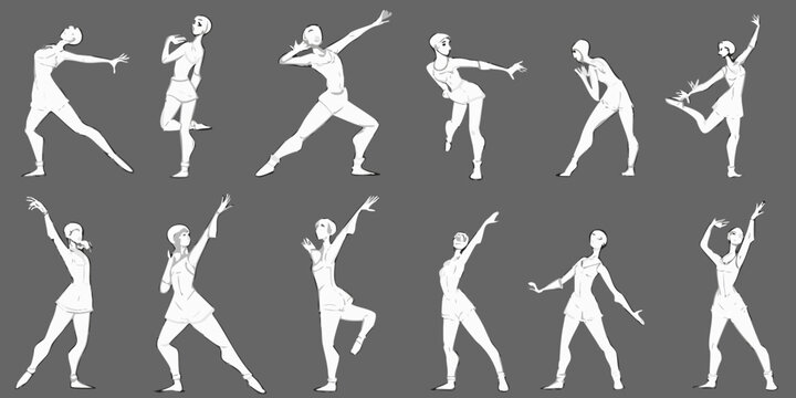Dynamic human figure sketches showing various dance and movement poses