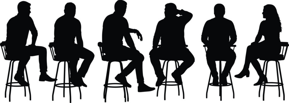 Silhouette illustration of seven people seated on bar stools in varied postures and gestures for social interaction artwork