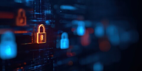 A neon lit info hub showing secure login procedures governed by policy and permission within advanced software managing access to critical information