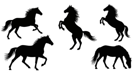 Silhouettes of Five Galloping and Rearing Horses in Motion against a White Background © Abhinaya Project