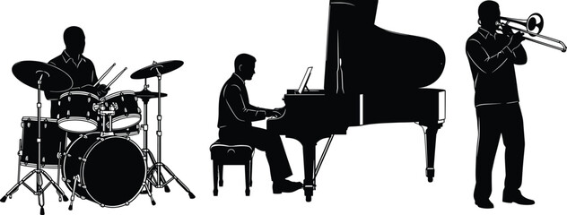 Silhouette illustration of three musicians performing with drum set, grand piano, and trombone, ensemble artwork for music design © Asik