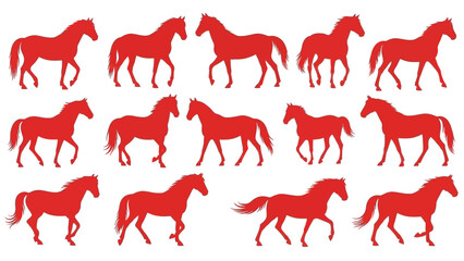 Collection of red horse silhouettes in various running poses, representing motion and equestrian themes