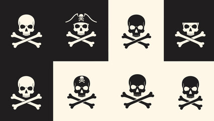 Collection of Skull and Crossbones Icons Representing Danger, Piracy, and Warnings