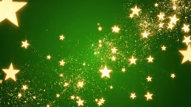 A sparkling stream of glowing golden stars and glitter on a green background