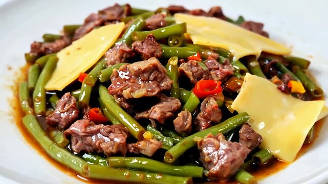Savory Beef Stir Fry with Green Beans Peppers and Cheese Slices.