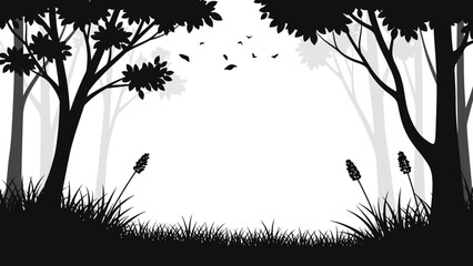 Silhouette Forest Landscape with Trees and Grass on a White Background