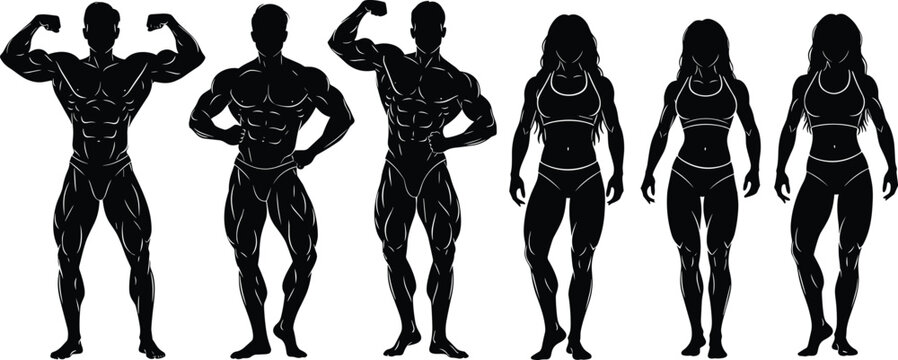 Silhouette illustration of six muscular male and female figures flexing and posing, showcasing bodybuilding and fitness anatomy artwork