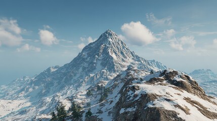Scenic Snow Capped Mountain Peak Under Clear Blue Sky With Scattered Clouds on Sunny Day in Winter Season, Serene Landscape