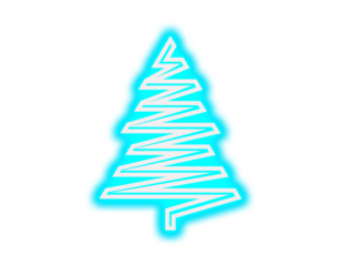 Glowing neon abstract Christmas tree icon with a bright blue light effect on black background