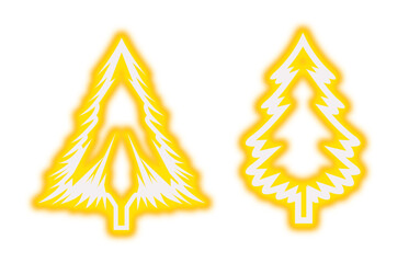 Bright glowing stylized Christmas tree icons with an intense yellow and white fiery holiday effect