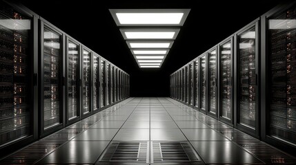 Futuristic Server Room Interior with Metallic Floor and Bright Overhead Lighting Network Infrastructure Data Storage and Transfer Communication Technology