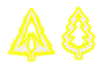 Bright neon yellow glowing Christmas tree silhouette icons isolated on a black background