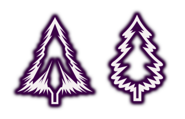 Two stylized glowing purple and white neon evergreen tree icons isolated on a black background