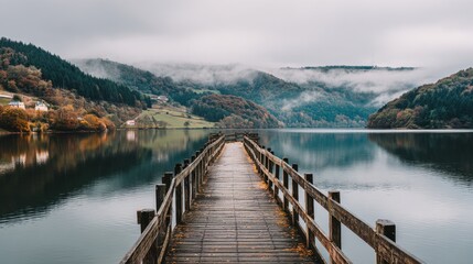Scenic Wooden Pier Leading into Misty Mountain Lake Landscape With Autumnal Forest Reflections Under Overcast Sky in Slovenia