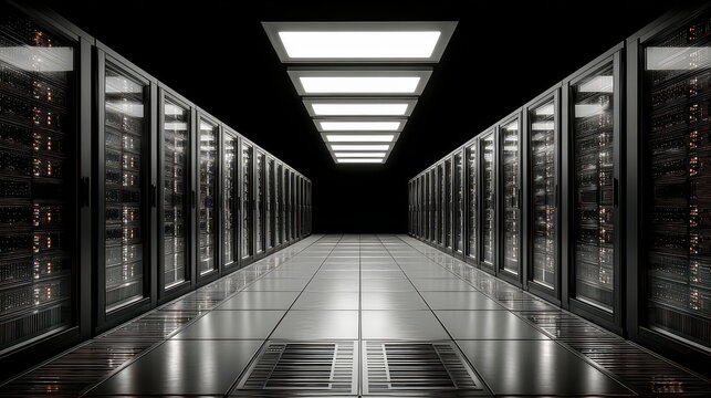 Futuristic Server Room Interior with Metallic Floor and Bright Overhead Lighting Network Infrastructure Data Storage and Transfer Communication Technology - Powered by Adobe