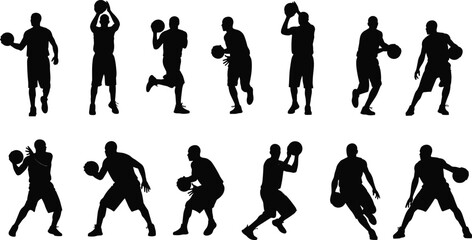 Silhouette illustration of twelve basketball players in dynamic action poses including dribbling, shooting, passing, and defensive stances