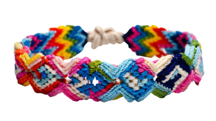Colorful handmade friendship bracelet with vibrant woven patterns isolated in high resolution png style and transparent background feel, detailed accessory cutout ideal for craft designs, stickers