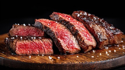 Sliced Medium Rare Steak on Dark Wooden Board with Sea Salt and Black Background
