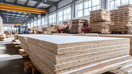 Stacked Particle Boards with Light Brown Edges in a Factory Setting with Natural Light and Tall Yellow Crane