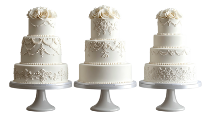 Three tiered white cakes with delicate decor and floral toppings