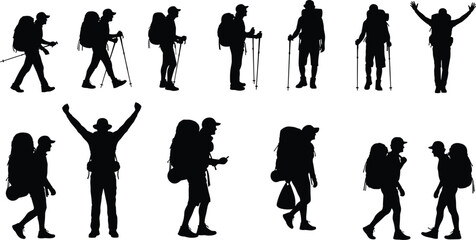 Obraz premium Silhouette illustration of twelve hikers carrying backpacks and trekking poles in various outdoor poses for adventure and exploration design