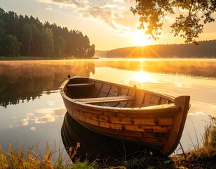 Wooden boat on tranquil lake at sunrise with golden light