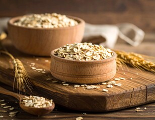 Wooden bowls of rolled oats on a cutting board with grains