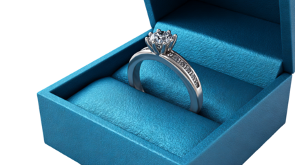 Diamond silver ring in blue gift box isolated in high resolution png style with clean transparent background feel, sparkling detailed cutout ideal for proposal branding, jewelry packaging mockups. 