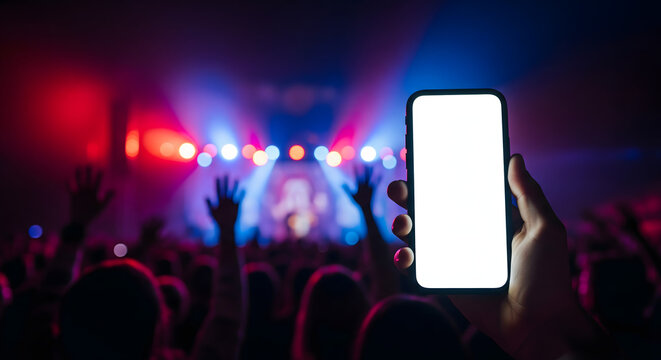 Live Concert Phone: Capturing a vivid moment at a vibrant live music performance, the photo focuses on a person's hand holding a phone.
