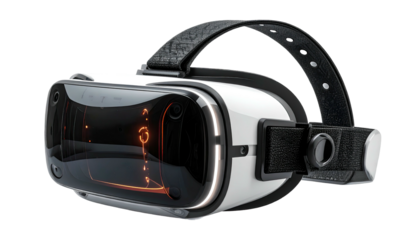 Futuristic white VR headset with black accents, showcasing an orange graphic