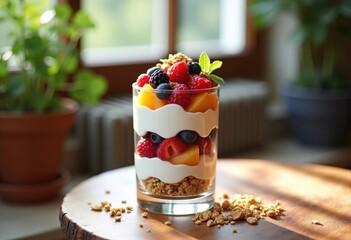 Artisan Greek Yogurt Parfait Tower Featuring Granola and Mixed Berries in a Clear Glass