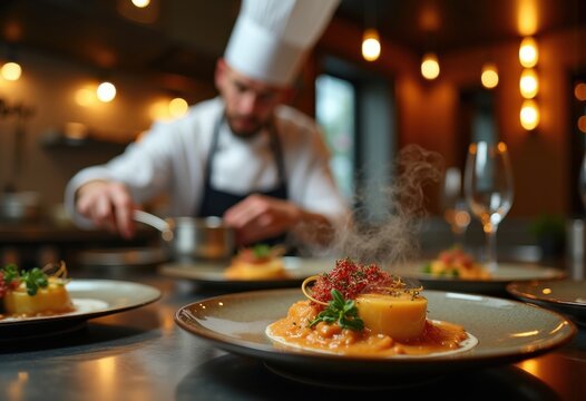Affluent Private Chef Preparing Exquisite Gourmet Dinner for Elite Dinner Party in Lavish Setting