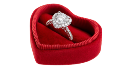 Elegant diamond ring in plush heart shaped box isolated in high resolution png style, clean transparent background feel and crisp detailed cutout ideal for proposal branding, romantic gift designs.