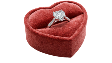 Elegant diamond ring in plush heart shaped box isolated in high resolution png style, clean transparent background feel and crisp detailed cutout ideal for proposal branding, romantic gift designs.