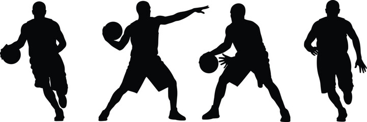 Silhouette illustration of four basketball players dribbling, passing, and shooting in dynamic action poses for sports artwork © Asik