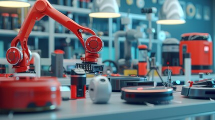 Save to Library Download Preview Preview Crop Find Similar File #: 1387011920 Mechanical arm assembling robotic vacuum cleaners in a home appliance factory, organized parts and assembly stations.