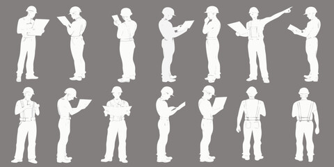 Silhouettes of construction workers in various poses against a gray backdrop