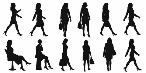 Silhouettes of fashionable women walking and posing in various outfits
