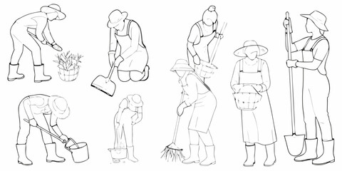 Line art illustration depicting various gardeners tending to plants and fields