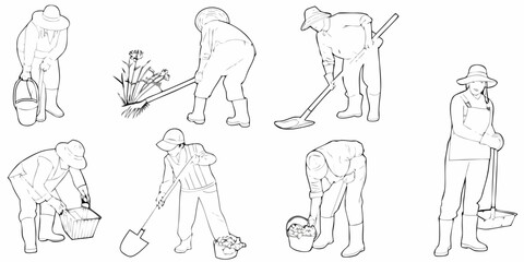 Gardening people a collection of sketches depicting individuals tending to plants
