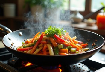 Dynamic Vegetable Stir Fry Elevated with Bold Soy Sauce Infusion in a High-Energy Kitchen Setting