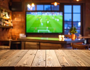 Wooden table foreground with blurred pub interior & TV